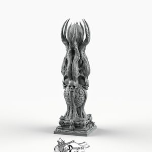 May include: A gray, detailed, 3D printed, resin sculpture of a pillar with a skull and other skeletal features. The pillar is on a square base.
