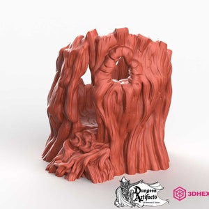 May include: A 3D printed miniature of a tree root cave, painted in a reddish-brown color. The cave has a small opening and a textured surface.