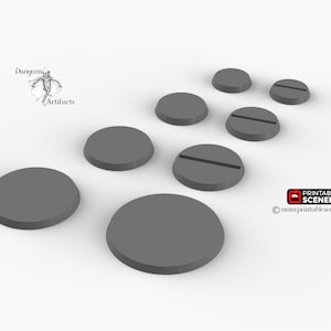 May include: Eight gray plastic bases for miniature figures.  The bases are round and have a raised edge.  Four of the bases have a slot cut into them.  The bases are designed for use in tabletop games.
