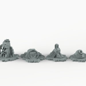May include: Five gray, 3D printed, miniature, ruined, gear-shaped structures. The structures are on a white background. The text "Dungeon Artifacts" and "Paint Your Monsters" is visible in the top right corner of the image.