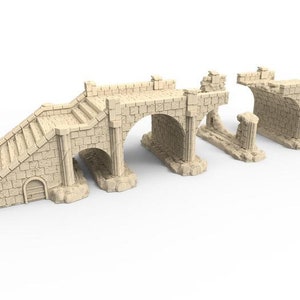 May include: A set of three beige stone bridge pieces for tabletop gaming. The pieces include a bridge with stairs, a bridge arch, and a ruined bridge arch.