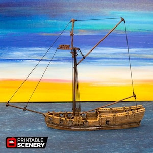 Può includere: Un modello di nave in legno con uno scafo marrone e un solo albero con una vela. La nave naviga su uno sfondo dipinto blu e giallo.