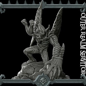 May include: A gray, detailed, sculpted figure of a creature with wings and a long, clawed hand. The creature is standing on a rocky base. The text "OUTER REALM SERVITOR" is visible in the background.