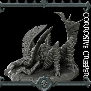 May include: A detailed, gray, 3D printed miniature of a creature with a segmented body, sharp claws, and a spiky tail. The creature is posed on a rocky base and labeled "Corrosive Creeper".