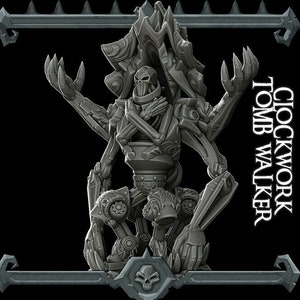 May include: A gray, skeletal, clockwork figure with multiple arms and legs. The figure is posed with its arms raised, as if in a gesture of greeting or warning. The figure is labeled "Clockwork Tomb Walker".