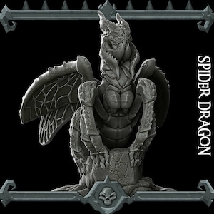 May include: A gray, detailed, 3D printed miniature of a spider dragon with wings, legs, and a long tail. The dragon is perched on a rock base. The text "SPIDER DRAGON" is printed on the right side of the image.