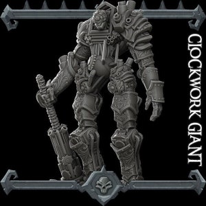 May include: A gray, detailed, clockwork giant miniature figure with a sword. The figure is made of metal and has a steampunk aesthetic. The figure is standing on a base with a skull design.