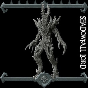 May include: A gray, detailed miniature of a humanoid figure made of wood and branches. The figure has a skull-like face and is posed in a standing position. The miniature is labeled "Shadowfall Lord".