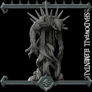 May include: A gray, detailed miniature of a shadowfall elemental, a creature with a spiky, skeletal body and flowing, shadowy robes. The miniature is posed in a standing position with its arms outstretched. The text "SHADOWFALL ELEMENTAL" is printed on the right side of the image.