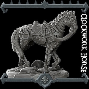 May include: A detailed, gray, 3D printed model of a clockwork horse. The horse is posed in a walking stance with its head turned to the side. The model is set on a base of rocks and has a decorative, ornate design.