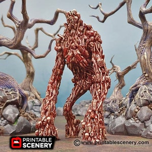 May include: A 3D printed miniature of a monstrous creature made of bones and flesh. The creature is standing on a rocky surface with trees in the background. The creature is a dark red color and has a skeletal appearance.