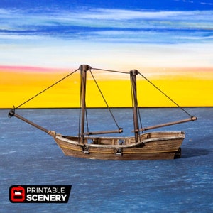 May include: A small wooden ship model with brown sails and black rigging. The ship is floating on a blue body of water with a yellow and blue sky in the background.