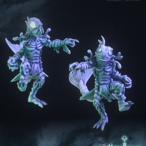 May include: Two 3D printed miniature figures of Deep Ones, a fictional aquatic humanoid race from the Cthulhu Mythos. The figures are painted in a light blue and green colour scheme and have a detailed, textured surface. The figures are pre-supported and ready to be printed.