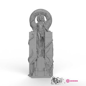 May include: A gray 3D printed statue of a woman standing on a throne with a circular design above her head. The throne is made of stone and has vines growing up the sides. The statue is a fantasy-themed piece.