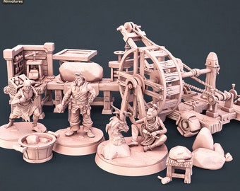 Könnte beinhalten: Ein 3D-gedrucktes Miniaturset, das eine mittelalterliche Werkstatt mit einem großen Holzrad, einer Werkbank und vier Figuren darstellt. Die Figuren sind ein Zwerg, ein Mensch, ein Goblin und ein Drache. Das Set ist in hellrosa gedruckt und enthält Stützen.