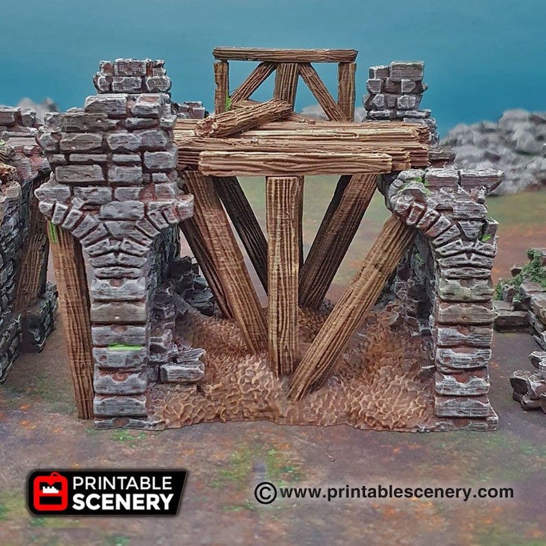 May include: A 3D printed model of a ruined stone building with wooden supports. The model is painted in shades of brown, gray, and green. The model is designed for use in tabletop games and role-playing games.