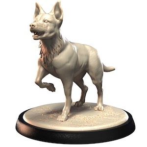May include: A light beige dog figurine in a dynamic pose, with one front paw raised. The dog has detailed fur texture and is mounted on a circular base with a black rim. The figurine is a 3D render.