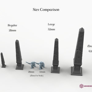 May include: Size comparison of four gray obelisk models. The models are labeled 'Small 15mm', 'Regular 28mm', 'Large 32mm', and 'Massive 42mm'. Two gray miniature figures are placed in front of the obelisk models for scale.