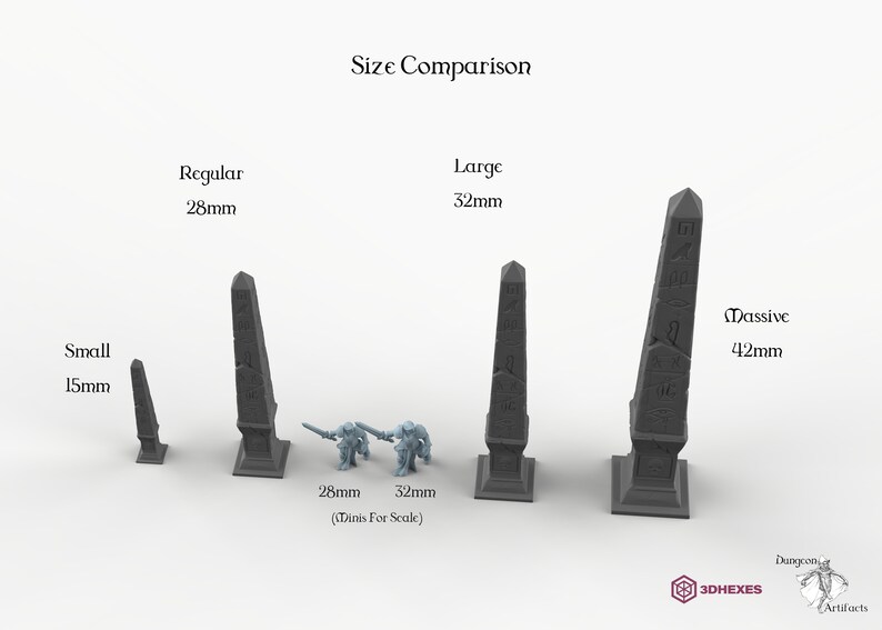 May include: Size comparison of four gray obelisk models. The models are labeled 'Small 15mm', 'Regular 28mm', 'Large 32mm', and 'Massive 42mm'. Two gray miniature figures are placed in front of the obelisk models for scale.