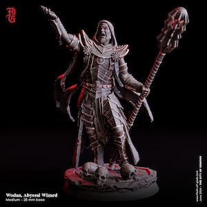 May include: A detailed miniature figure of a wizard, painted in a dark bronze color. The wizard is wearing a hooded robe and armor, and is holding a staff with a skull-shaped head. The figure is standing on a base with skulls and a red-colored surface.