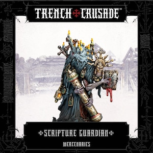 Peut inclure: Figurine miniature détaillée d'un Gardien de l'Écriture de la série Trench Crusade. La figurine est ornée de bougies, d'un parchemin et d'un livre. La figurine est dans les tons de bleu, d'or et de rouge, avec le texte "Trench Crusade" et "Scripture Guardian" visible.