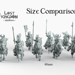 May include: Size comparison of miniature figures. A 28mm figure, a 32mm figure, and eight 40mm figures are shown. The figures are all painted in a light gray color and are posed in a dynamic stance. The figures are all mounted on horses and are holding weapons.