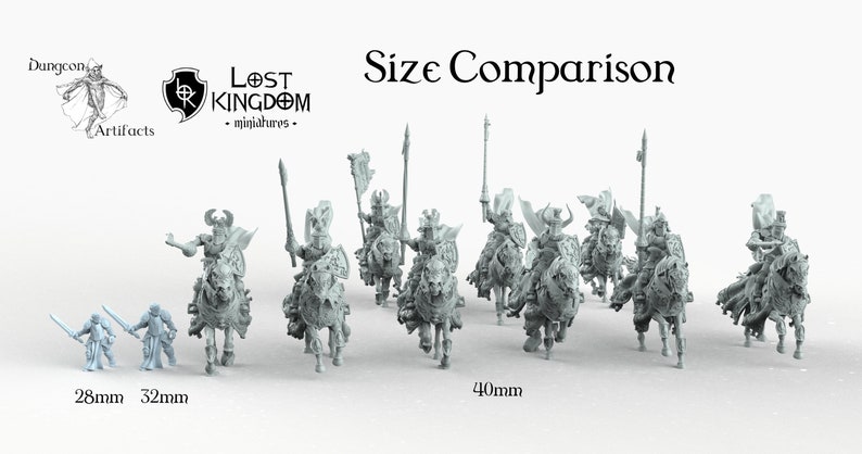 May include: Size comparison of miniature figures. A 28mm figure, a 32mm figure, and eight 40mm figures are shown. The figures are all painted in a light gray color and are posed in a dynamic stance. The figures are all mounted on horses and are holding weapons.