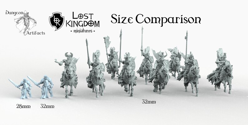 May include: Size comparison of miniature figures. Two figures are 28mm and 32mm tall. The remaining figures are 32mm tall and are mounted on horses. The figures are gray and are posed in a marching formation. The figures are from the Lost Kingdom miniatures line.