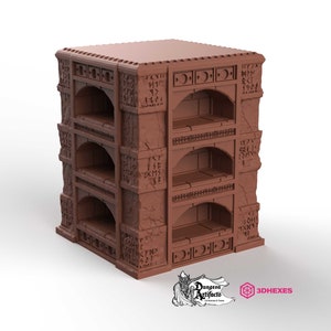 May include: A brown, multi-level, rectangular, stone-like structure with arched openings and decorative carvings. The structure has four levels with a shelf in each opening. The structure is made of a 3D printed material.