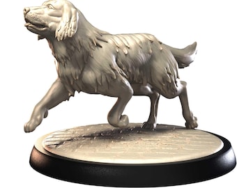 May include: A detailed, light-colored sculpture of a dog in mid-stride. The dog has long, flowing fur and is set on a circular base with a textured surface. The base has a black border, and the dog appears to be running.