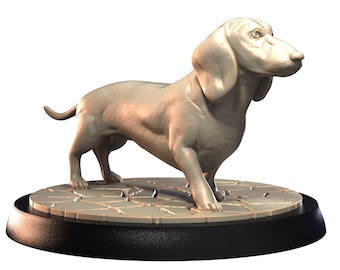 May include: A light beige dachshund dog statue. The dog is standing on a round, textured base with a black rim. The statue is a detailed representation of the breed, with visible muscle definition and floppy ears.