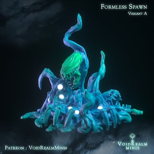 Puede incluir: Una miniatura impresa en 3D de una criatura informe de color azul y verde con ojos blancos brillantes. La criatura tiene una gran boca abierta y múltiples tentáculos. El texto "Formless Spawn Variant A" es visible en la parte superior de la imagen.