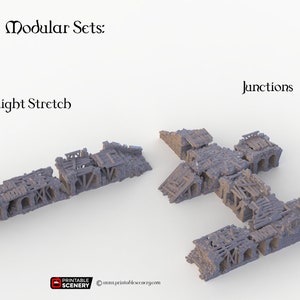 May include: Two sets of modular ruined building pieces for tabletop gaming. The first set is a straight stretch of ruined walls and the second set is a junction of ruined walls. The sets are made of grey plastic and are designed to be used with other modular sets.