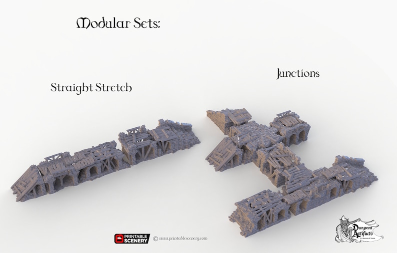 May include: Two sets of modular ruined building pieces for tabletop gaming. The first set is a straight stretch of ruined walls and the second set is a junction of ruined walls. The sets are made of grey plastic and are designed to be used with other modular sets.