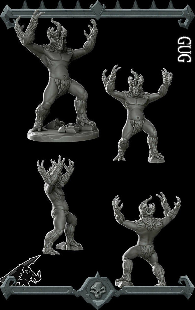 May include: Four gray, detailed, miniature figurines of a creature with horns, claws, and a humanoid body. The creature is in various poses, including standing, reaching up, and crouching. The figurines are on a black background.