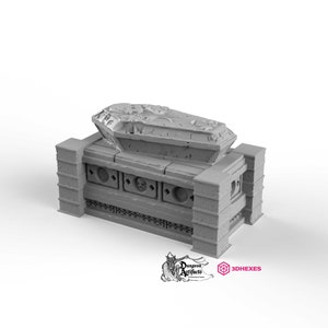 May include: A gray 3D printed miniature of a stone sarcophagus resting on a stone base with decorative carvings. The sarcophagus is cracked and broken, revealing the interior.