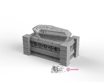May include: A gray 3D printed miniature of a stone sarcophagus resting on a stone base with decorative carvings. The sarcophagus is cracked and broken, revealing the interior.