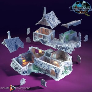 Puede incluir: Un modelo de casa medieval en 3D impreso en blanco, detallado y desmontado en varias piezas. Las piezas incluyen el techo, las paredes, el interior y las puertas. El modelo está diseñado para juegos de mesa y juegos de rol.