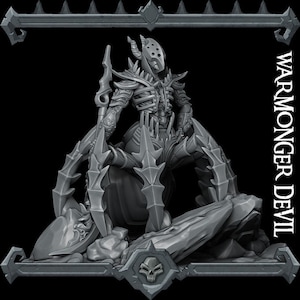 May include: A gray, detailed miniature of a demon with a spidery body and a horned helmet. The demon is posed in a menacing stance, with its claws extended. The miniature is set on a rocky base. The text "WARMONGER DEVIL" is visible in the background.