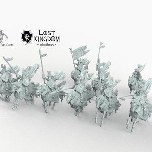 May include: A set of eight unpainted miniature figures of knights on horseback, each holding a lance and shield. The figures are made of a light gray plastic and are ready to be painted.