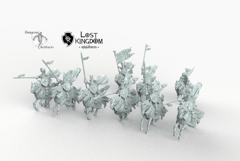 May include: A set of eight unpainted miniature figures of knights on horseback, each holding a lance and shield. The figures are made of a light gray plastic and are ready to be painted.