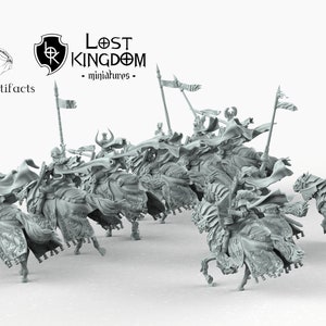 May include: A group of eight gray painted miniature figures of knights on horseback, each with a flowing cape and a helmet with a crescent moon design. The knights are holding lances and are riding in a line formation. The miniatures are from the Lost Kingdom miniatures line.