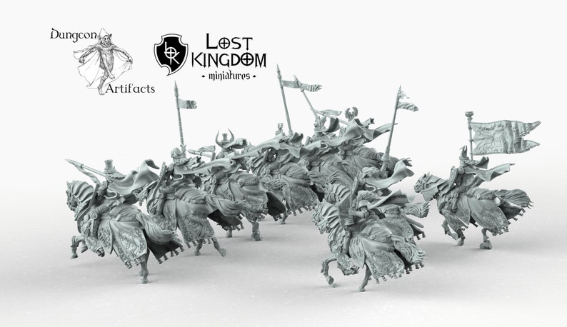 May include: A group of eight gray painted miniature figures of knights on horseback, each with a flowing cape and a helmet with a crescent moon design. The knights are holding lances and are riding in a line formation. The miniatures are from the Lost Kingdom miniatures line.