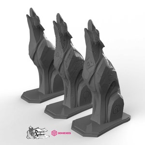 May include: Three gray stone wolf statues with intricate carvings and a geometric design. The statues are standing on a base and are facing forward with their heads tilted back as if howling.