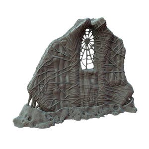 May include: A grey, textured, 3D printed wall sculpture with a window-like opening. The sculpture has a web-like pattern and appears to be made of organic material.
