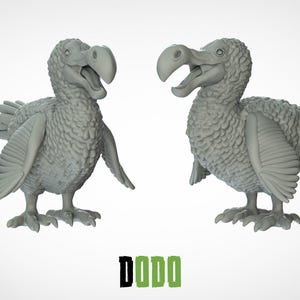 May include: A 3D printed model of a Dodo bird, a flightless bird that went extinct in the 17th century. The model is shown from two different angles, with the bird's head and beak facing forward in one image and the bird's side profile in the other image. The model is gray and has a textured surface.