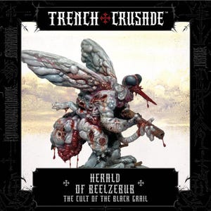 Könnte beinhalten: Detaillierte Miniaturfigur einer monströsen insektoiden Kreatur mit großen Facettenaugen, Flügeln und einem langen Rüssel. Die Figur hält eine Waffe. Der Text "Trench Crusade" und "Herald of Beelzebur" ist auf dem Bild zu sehen.