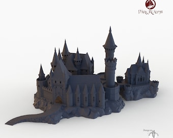 May include: A dark grey 3D printed castle with a tall tower and a bridge leading to the entrance. The castle is set on a rocky base and has a detailed exterior with windows and doors.