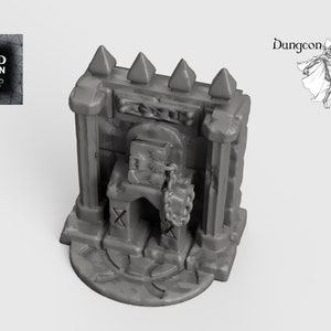 May include: A gray 3D printed miniature dungeon gate with a chain and a stone block. The gate is topped with spikes and has a stone base.