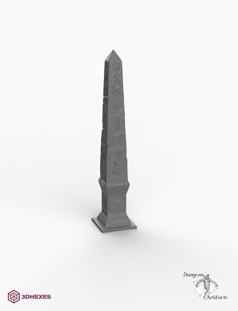 May include: A gray stone obelisk with hieroglyphics carved into its surface. The obelisk is on a square base and has a pointed top.